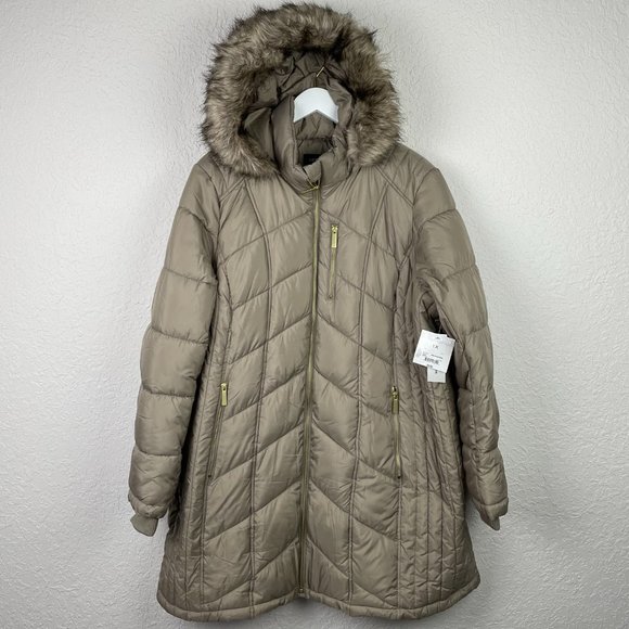 NWT LIZ CLAIBORNE Women 1X Taupe Faux Fur Hood Zip Water Resistant Puffer Jacket - Picture 2 of 14